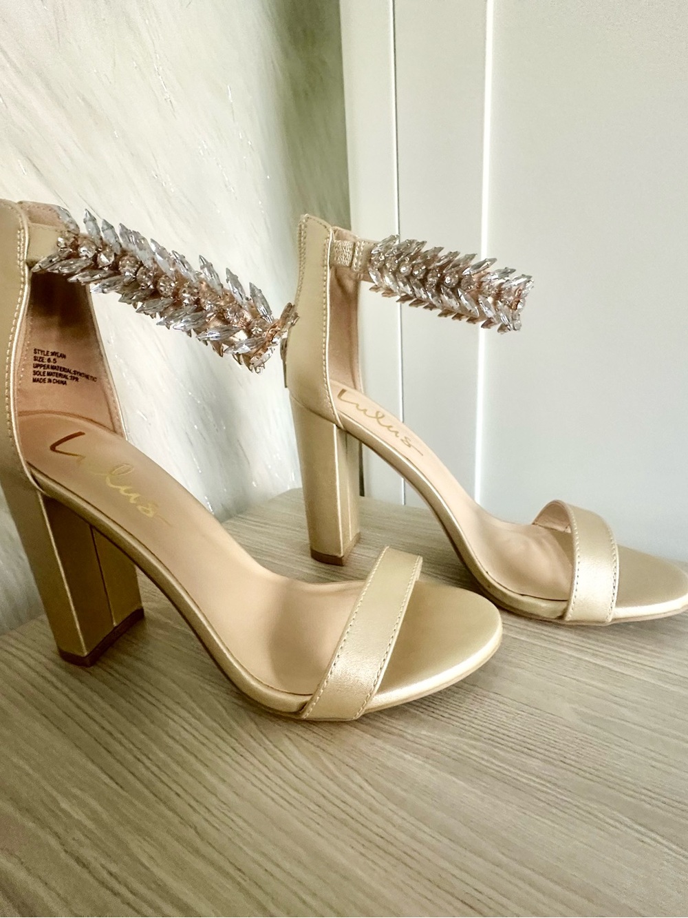Lulu's Champagne Crystal-Embellished Ankle-Strap Block Heels